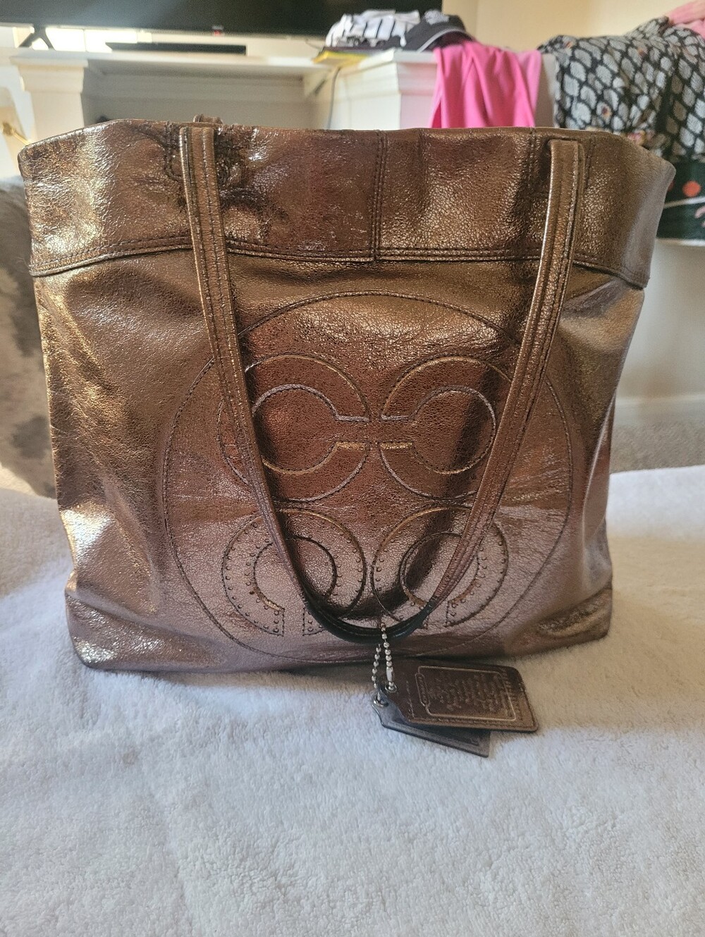 Coach Metallic Brown Leather Tote Bag with Embossed Circle Design
